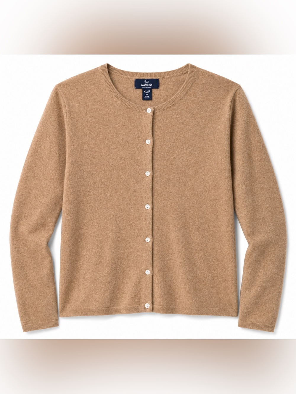Lands’ End 100% Cashmere Cardigan Sweater Tan Camel XL 18